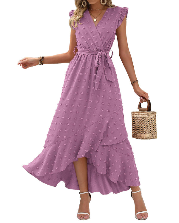 ⏰Hot Sale-Women's V Neck Cap Sleeve Swiss Dot Boho Flowy Ruffle Slit Long Maxi Dresses