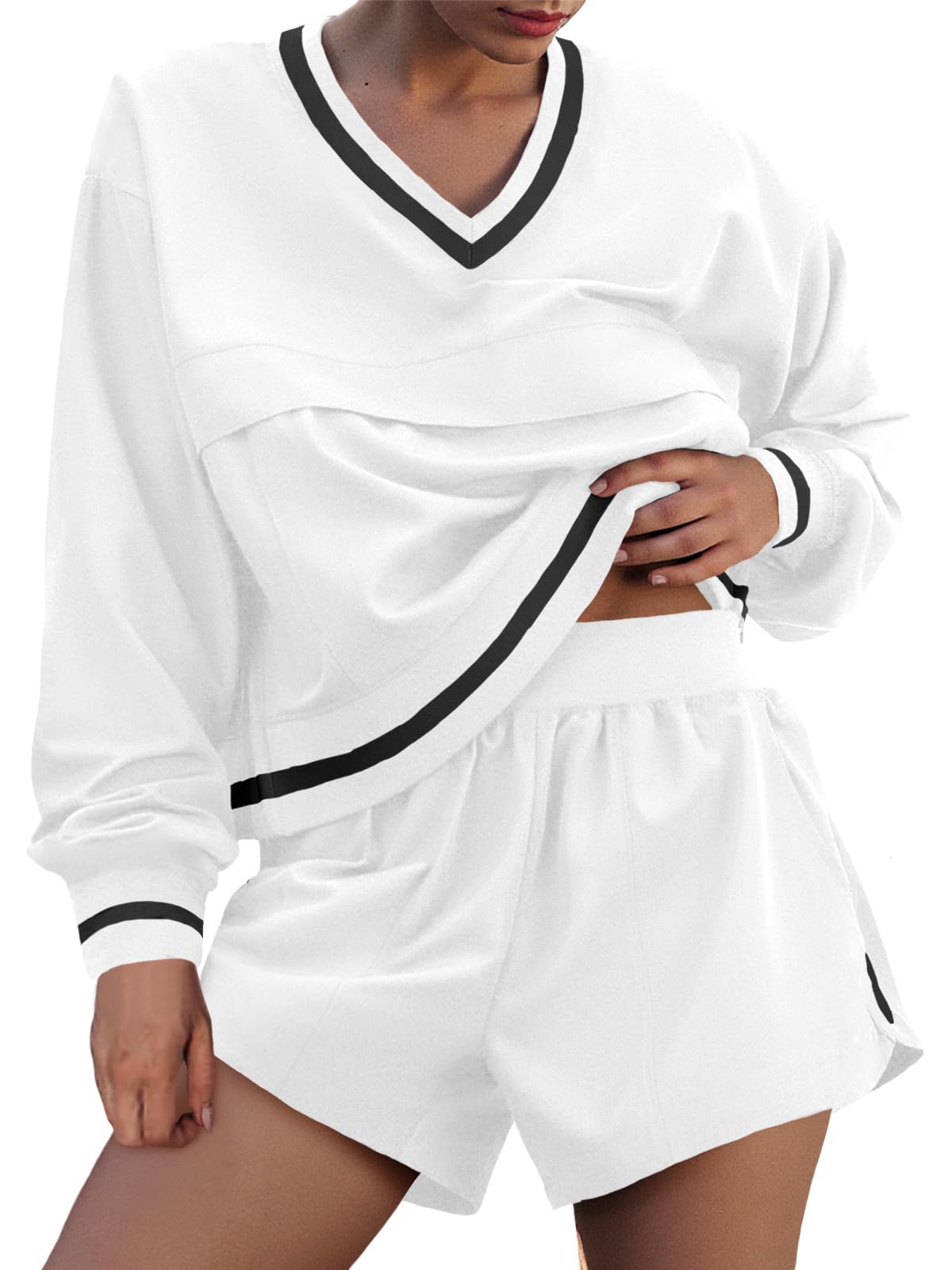 Womens Long Sleeve V Neck Sweatshirt High Waist Running Shorts Sets