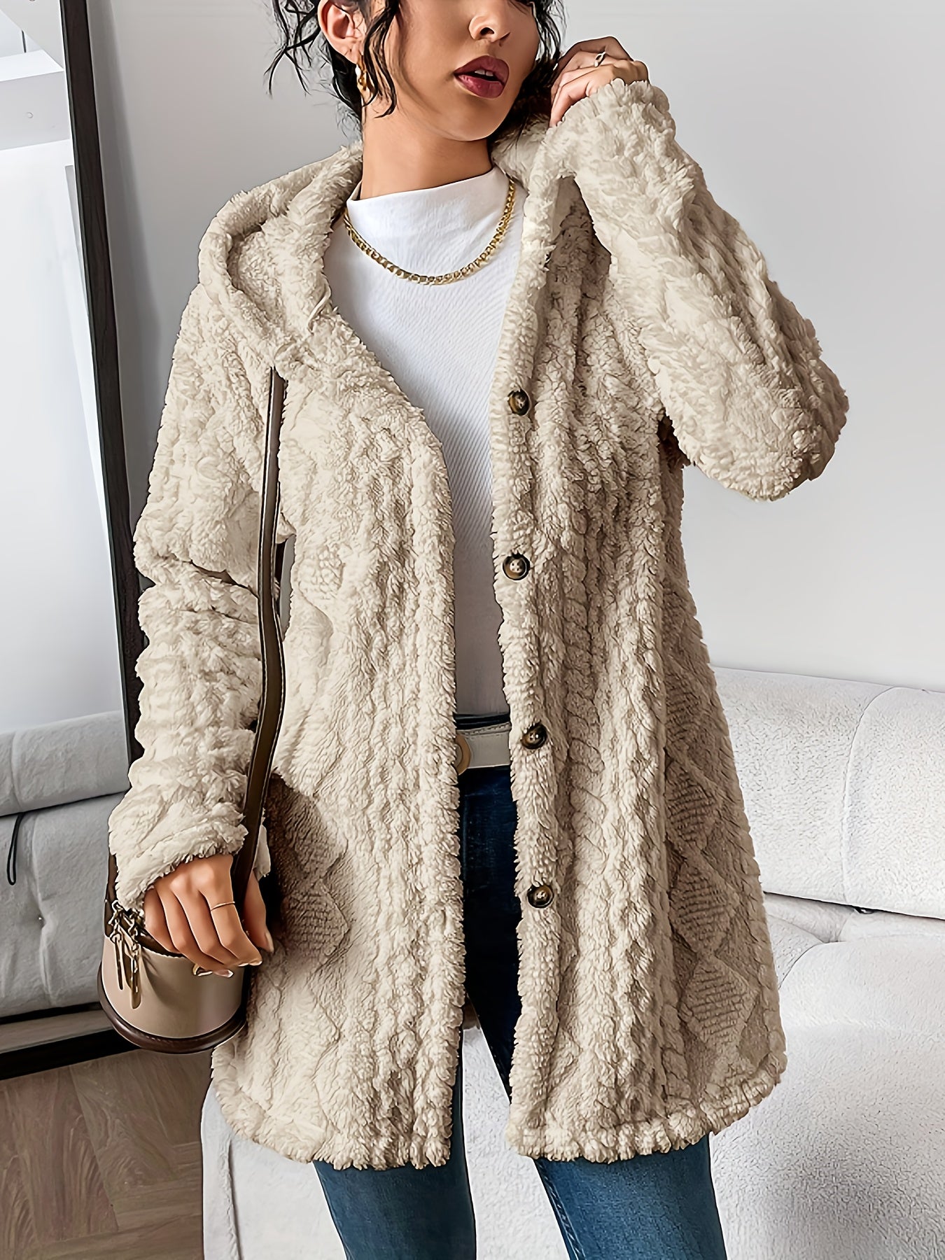 ⏰Hot Sale-Womens Fuzzy Fleece Button Down Jacket Hooded Open Front Cardigan Sweater