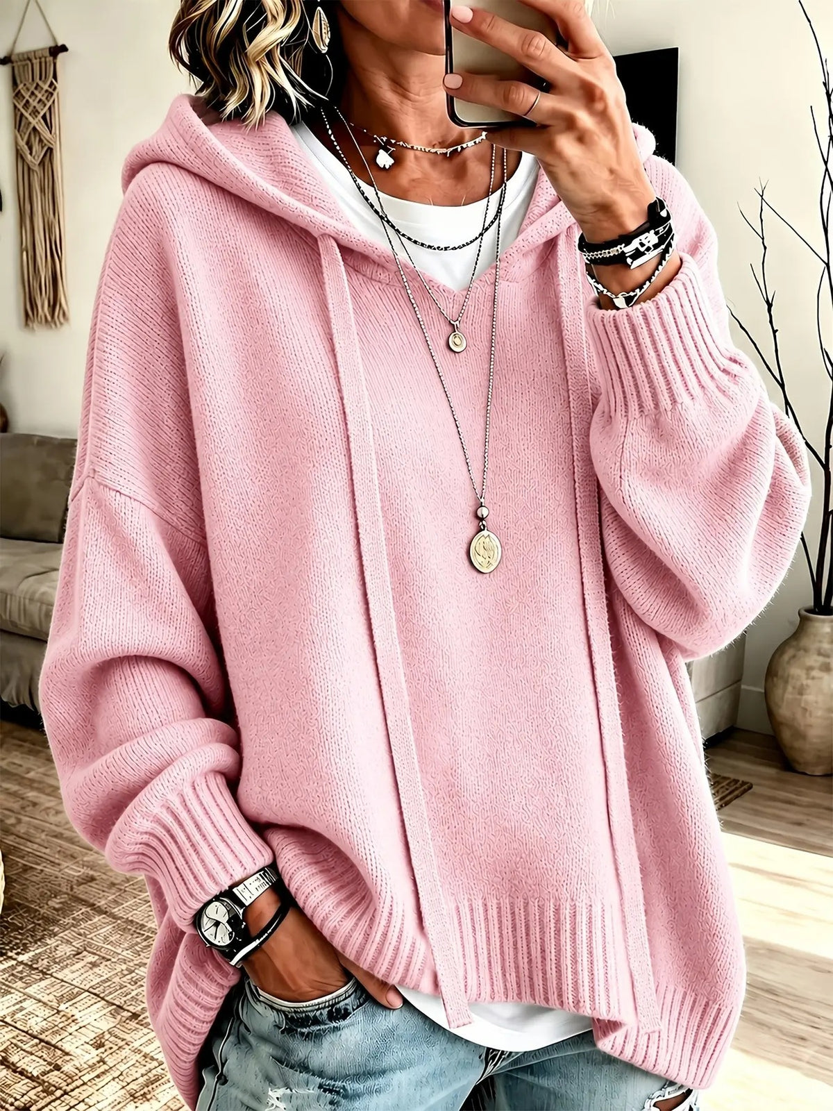 Vintage Oversized Casual Dropped Shoulder Lantern Sleeve Hooded Sweater