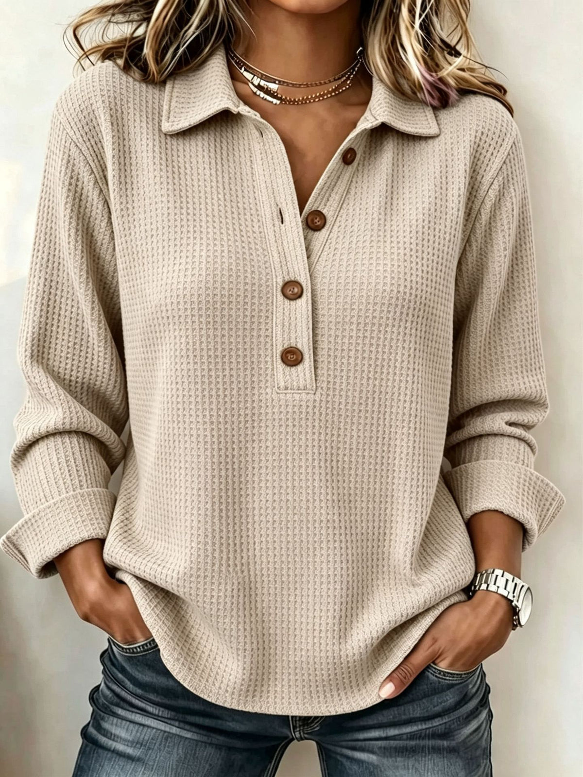 Hot Sale-Women's Waffle Lapel Half Button Long Sleeve Top