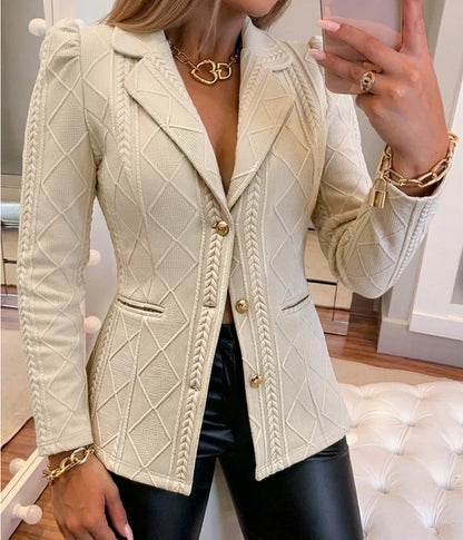 Women Lapel Collar Quilted Pattern Bodycon Blazer