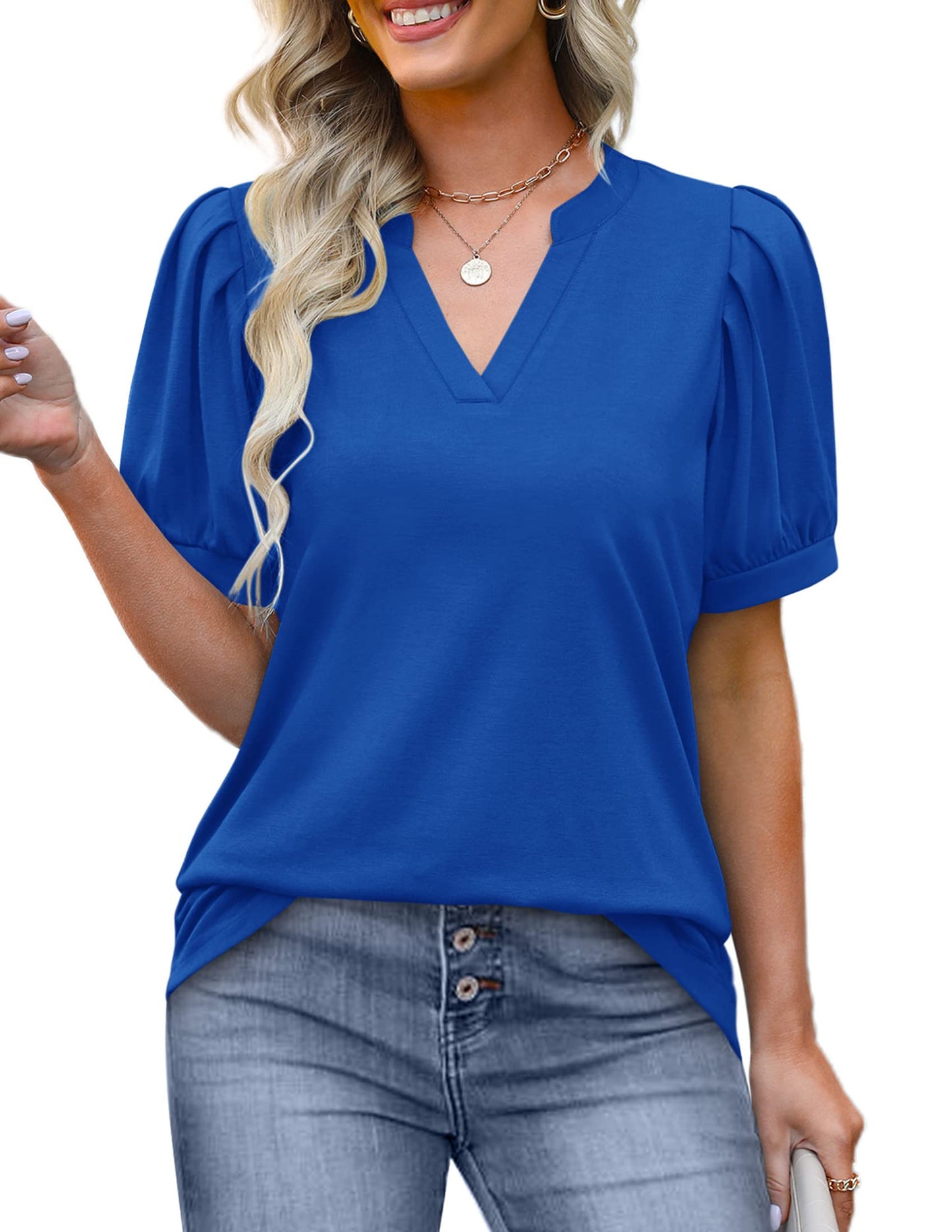 ✨Women's Pleated Puff Sleeve V Neck Tunic Tops