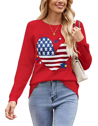 Women's Pullover Sweaters Long Sleeve Front Ribbed Knitted Cute Heart Sweater