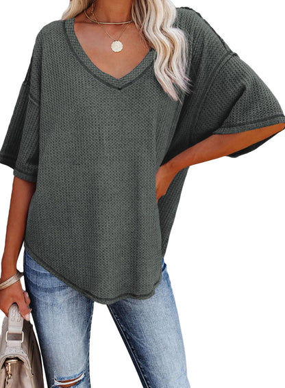 ✨Women's Causual V Neck Short Sleeve Shirts Waffle Knit Loose Tunic Tops