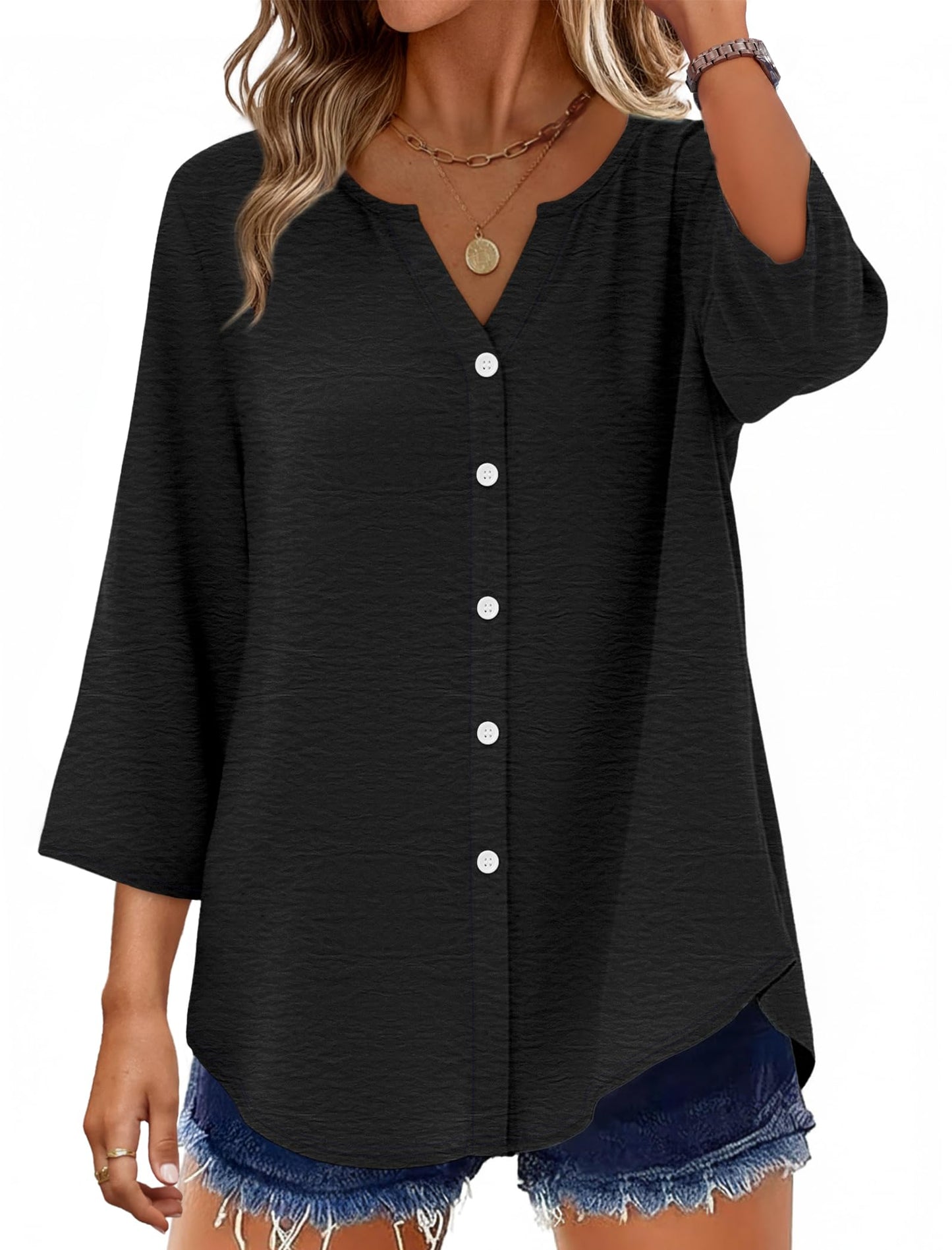 ⏰Hot Sale-Women's Cotton 3/4 Sleeve Button Down Gingham Shirts