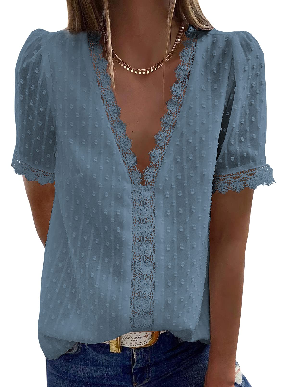 ✨Hot Sale-Women's V Neck Lace Crochet Tunic Tops Flowy Casual Shirts