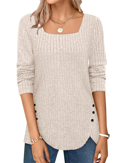 ✨Squared Neck Sweater Ribbed Knit Tunic Tee Shirts