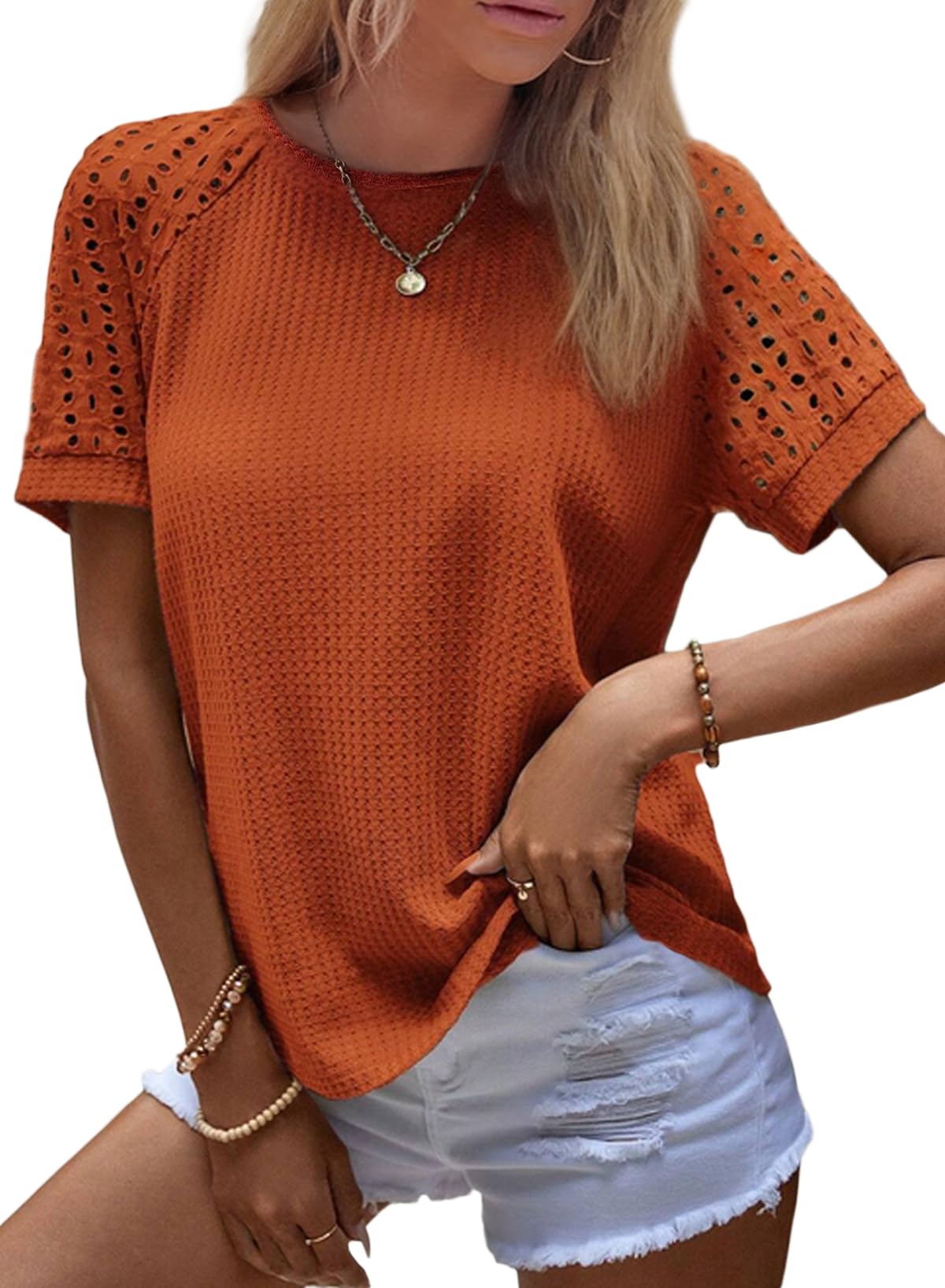 ✨Women's Casual Crew Neck Hollow Out Raglan Short Sleeve Waffle Knit Tops