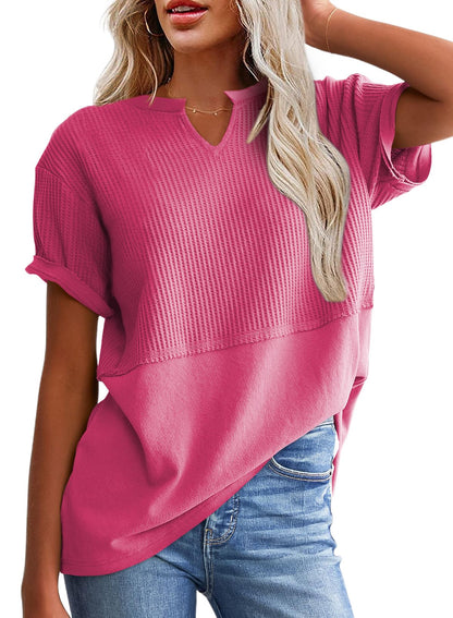 ✨Women's Casual V Neck Waffle Knit Tops Short Sleeve T Shirts
