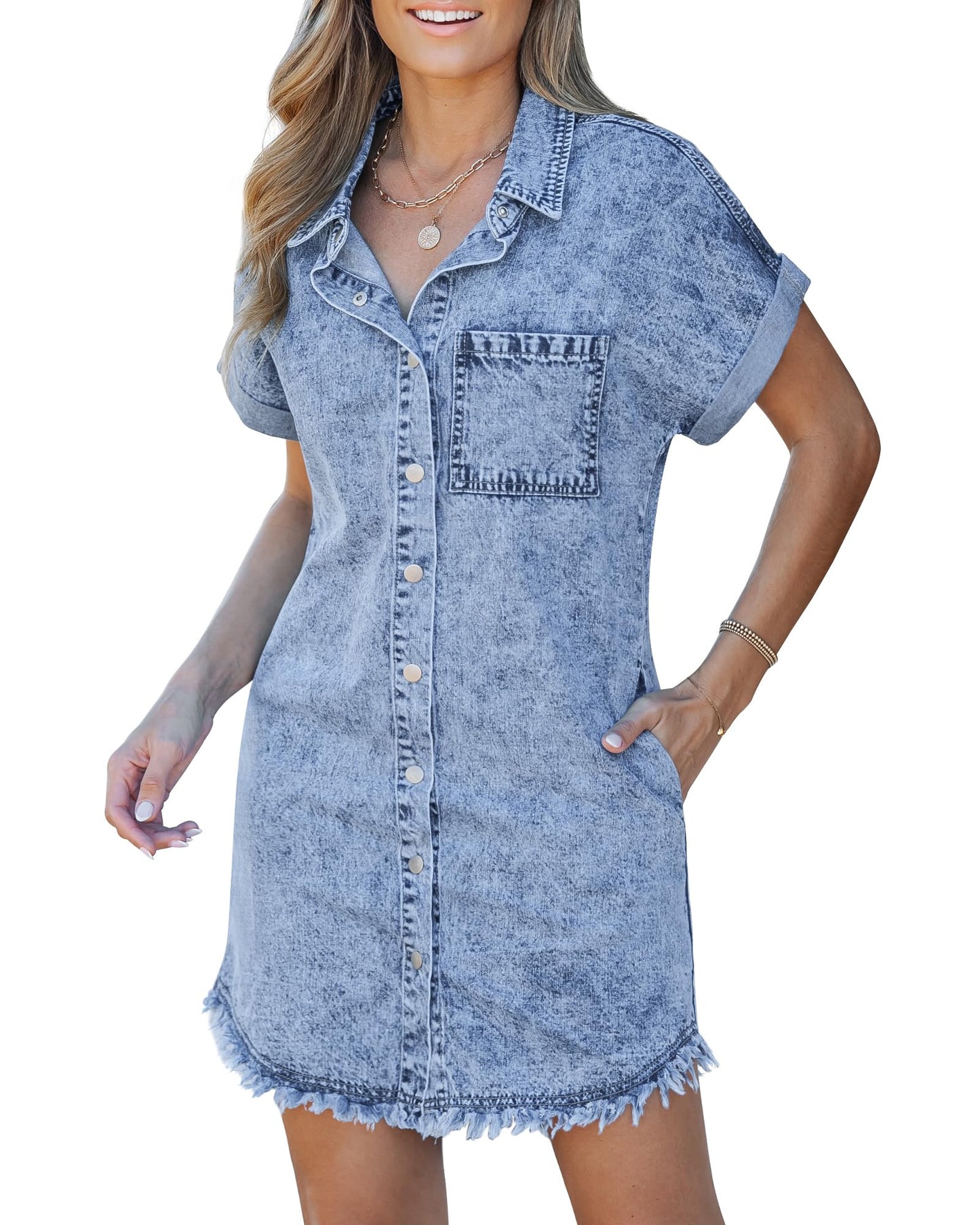 ✨Women's Button Down Frayed Hem Denim Shirt Dresses
