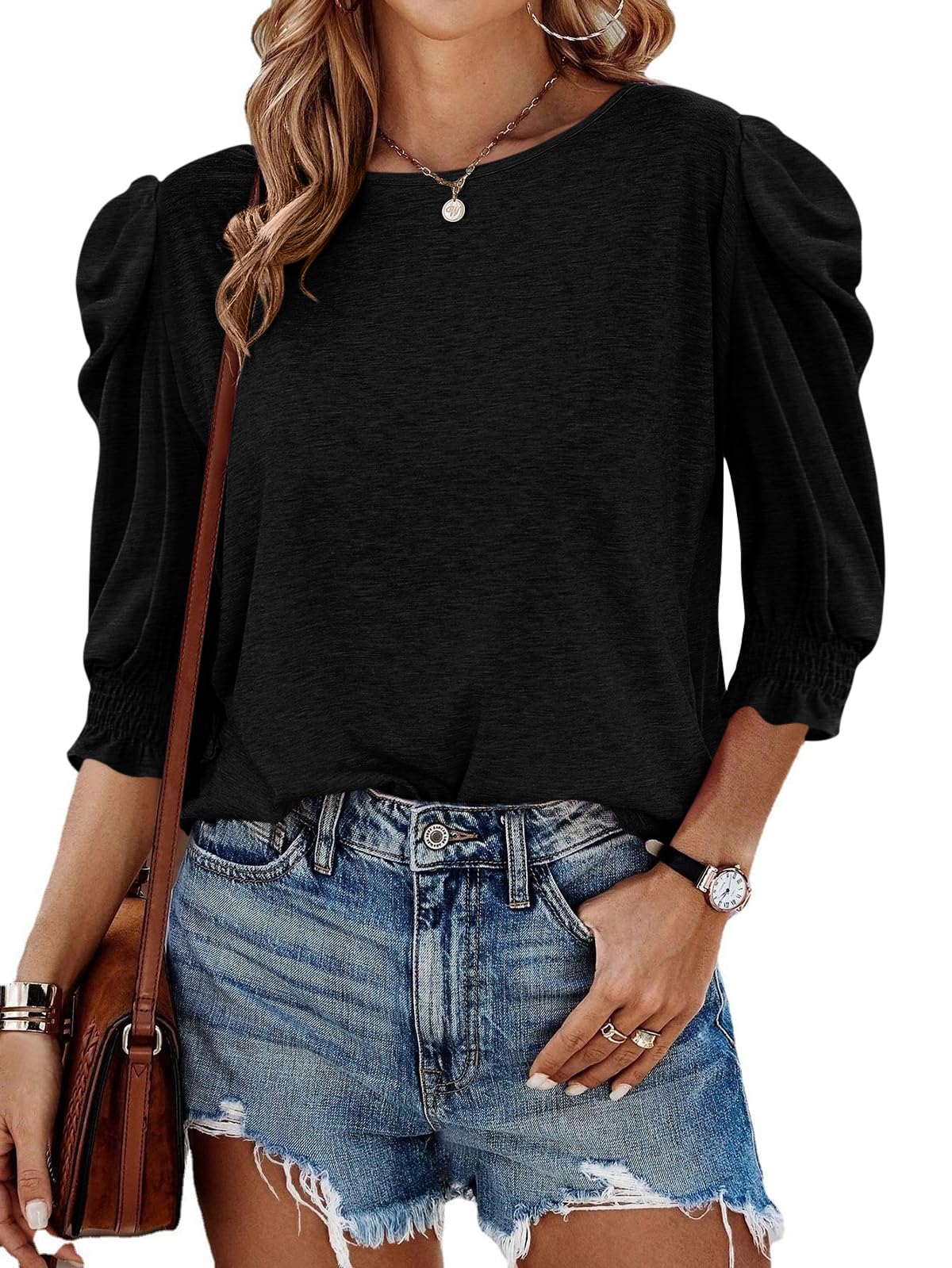 ✨Fall Womens 3/4 Length Puff Sleeve Tops Trendy T Shirts with Smocked Cuffs