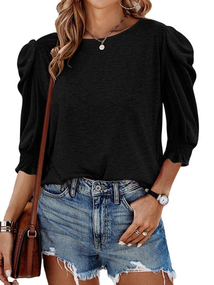 ✨Fall Womens 3/4 Length Puff Sleeve Tops Trendy T Shirts with Smocked Cuffs