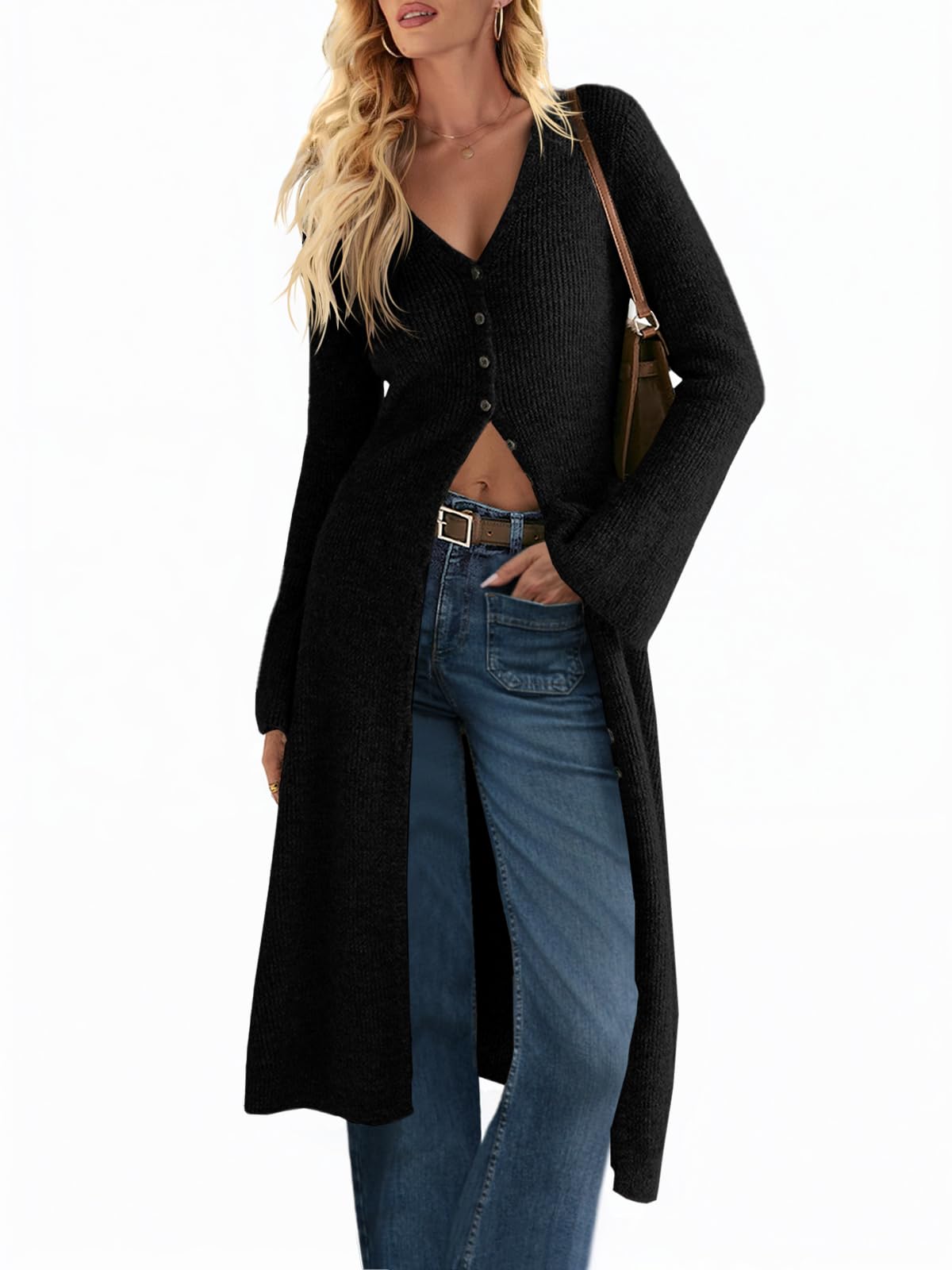 Women's V Neck Bell Sleeve Maxi Knit Cardigan
