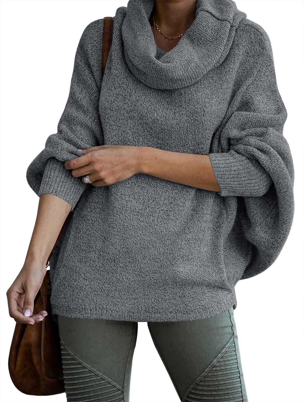 Women's Cowl Neck Batwing Sleeve Pullover Sweater with Pockets(50% OFF)