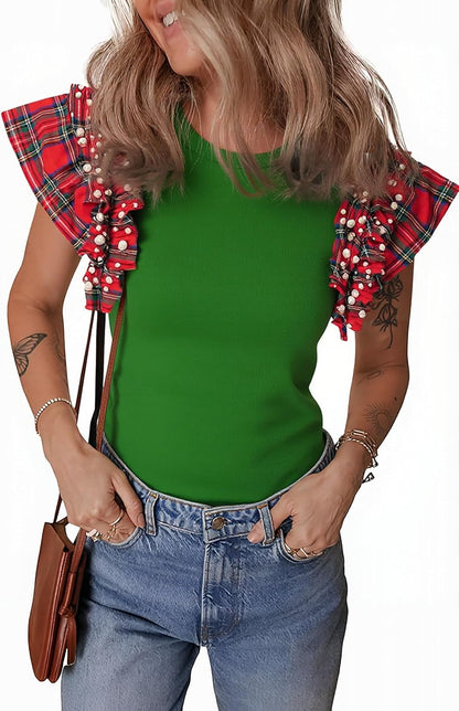 ✨Womens Ruffle Short Sleeve Plaid Pearl Tops
