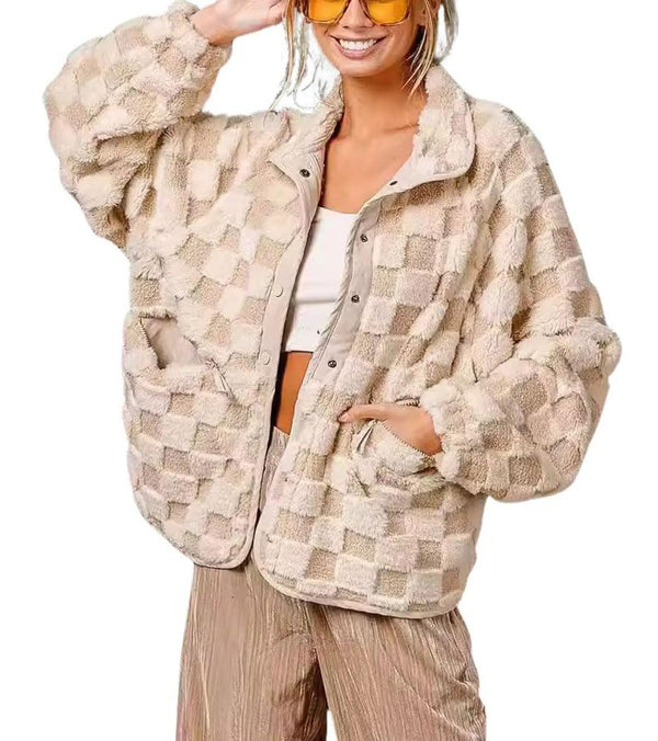 Women Winter Casual Checkered Fleece Sherpa Jacket