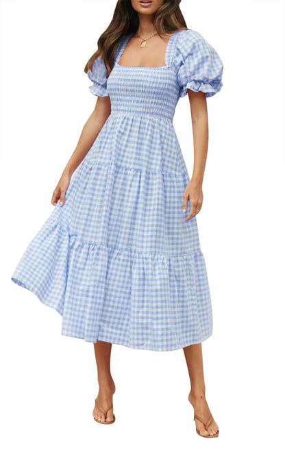 ✨Women's 2025 Summer Plaid Tiered Square Neck Puff Sleeve Ruffle Flowy Midi Dress