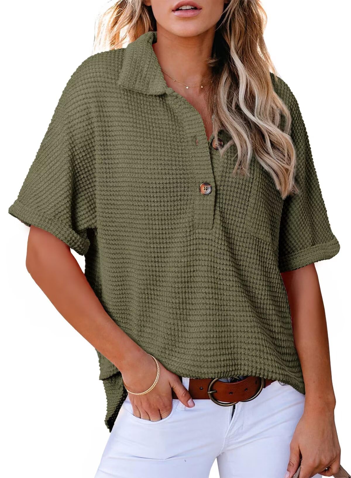 ✨2025 New Women's Waffle Knit Short Sleeve Tunic Henley Shirts