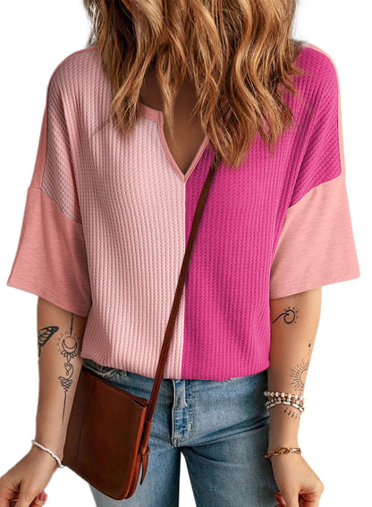 ✨Women's Half Sleeve Waffle Knit Casual V Neck Colorblock Patchwork Shirts