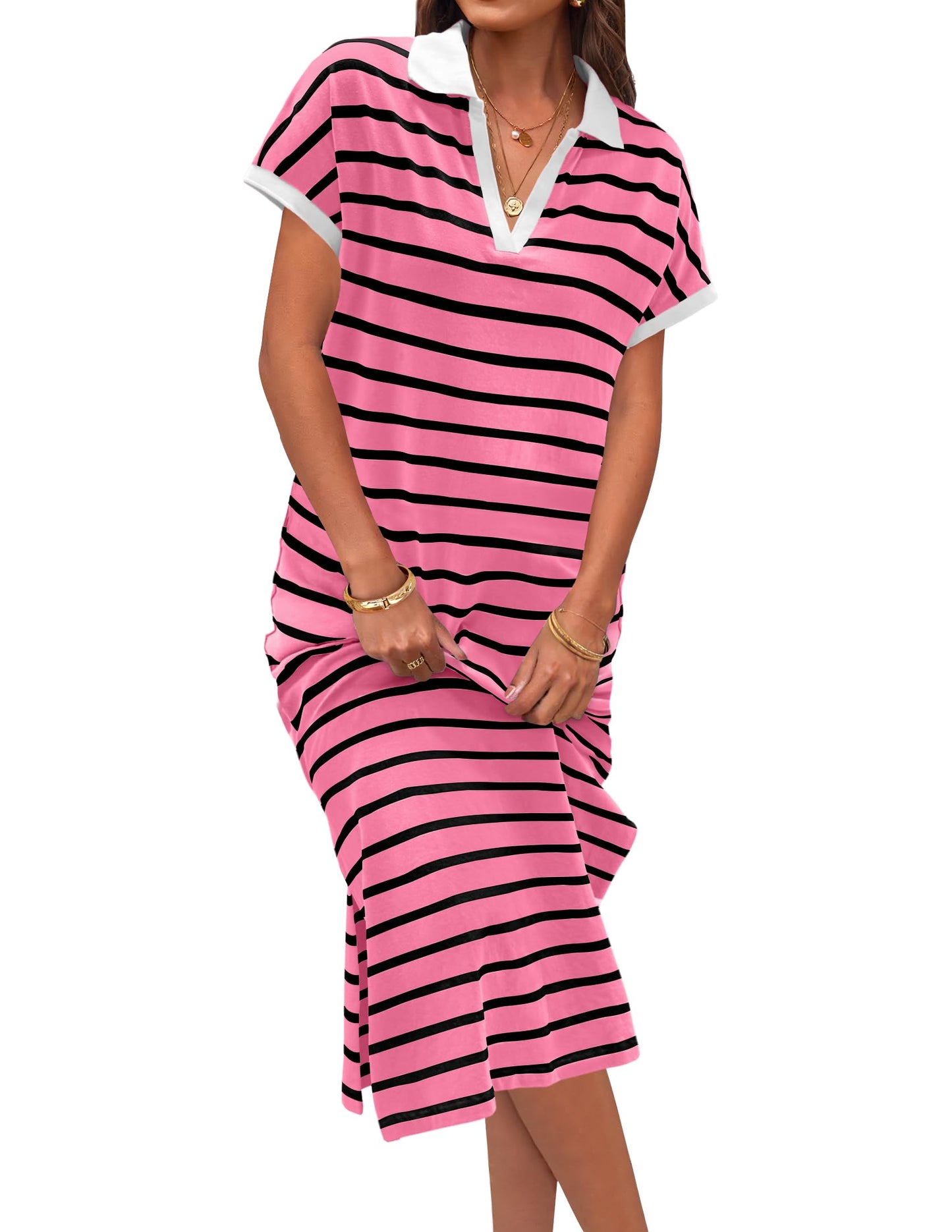 Women's V Neck Side Slit Striped Maxi Dress