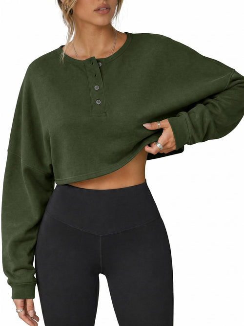 Womens Long Sleeve Cropped Henley Neck Sweatshirts