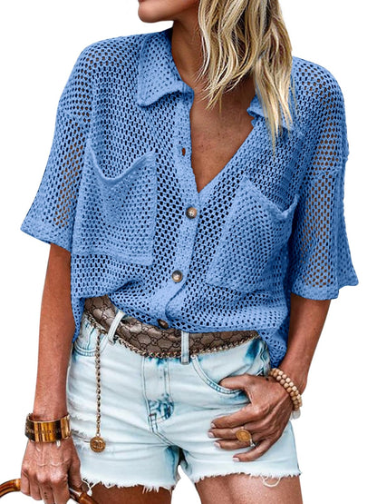 Womens Short Sleeve Crochet Lightweight Cardigan Sweaters Cover Up Shirts