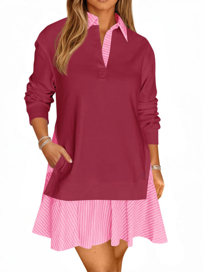 Limited time sale🔥Women's Oversized Collared V Neck Patchwork Sweatshirt Dress