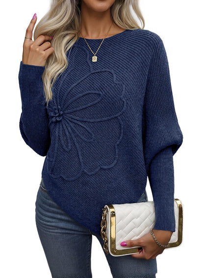Women's Crew Neck Elegant Floral Pattern Batwing Sleeve Sweaters
