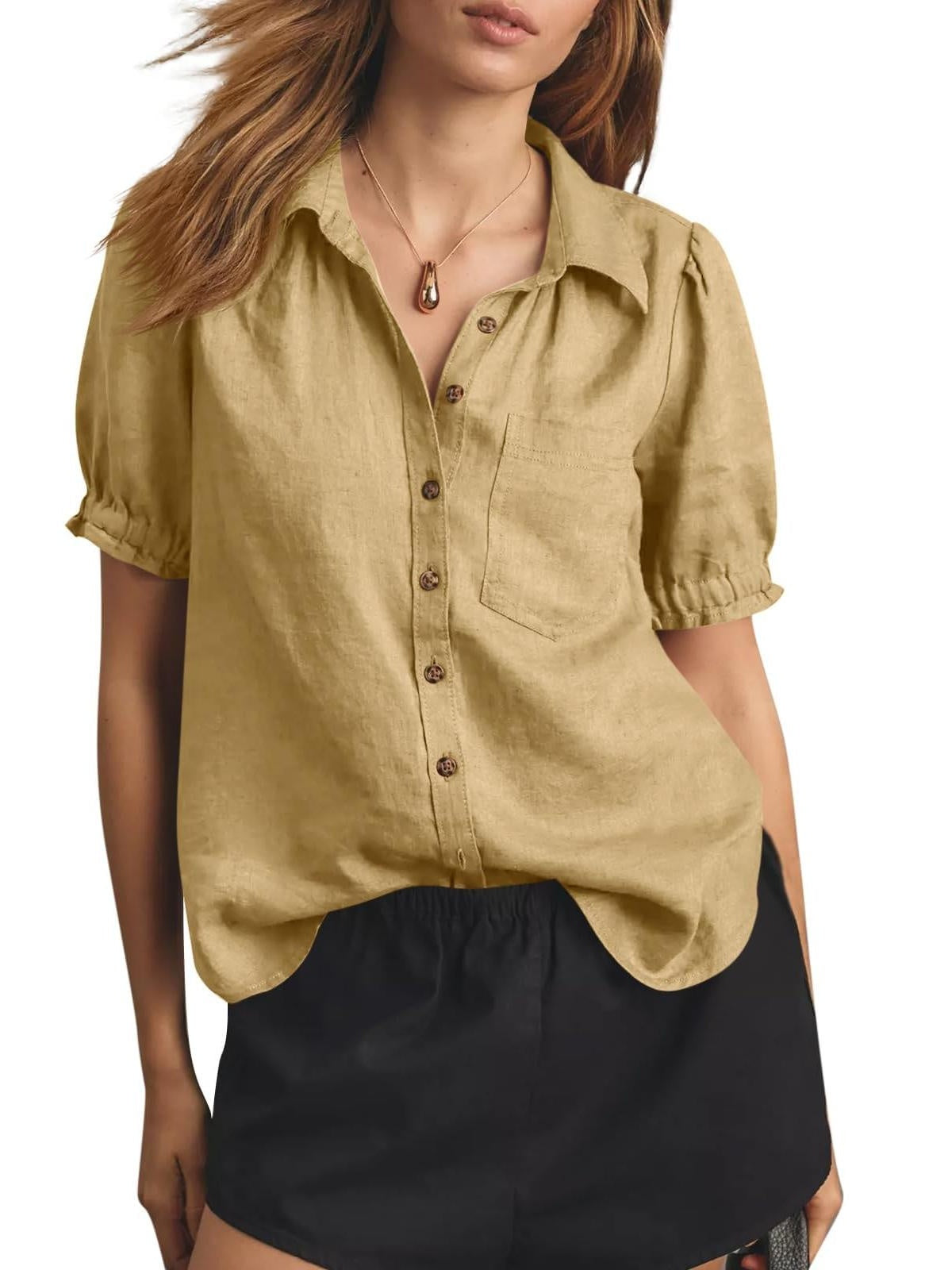 Women's Puff Short Sleeve Linen Blend Button-Down Shirt