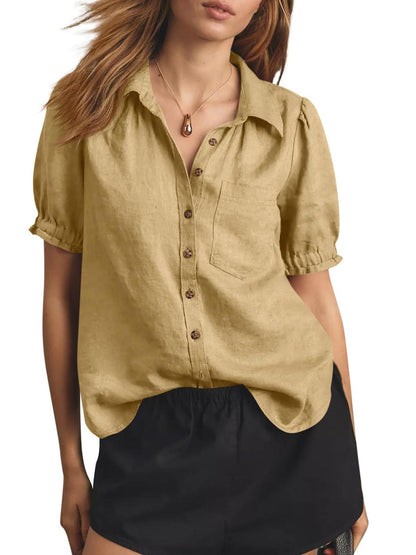 Women's Puff Short Sleeve Linen Blend Button-Down Shirt