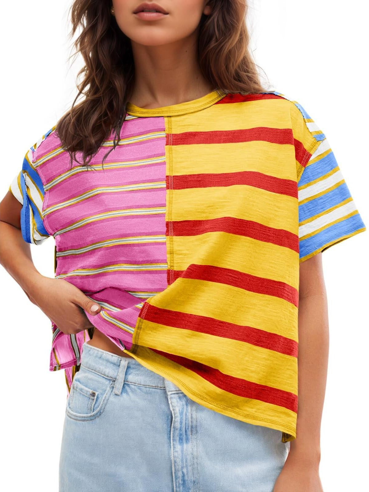 Women's Color Block Striped Crew Neck Short Sleeve T-Shirt