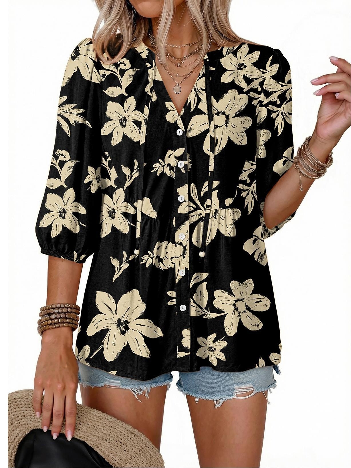 Women's Boho Floral V-Neck Button-Down Peplum Blouse