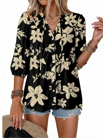 Women's Boho Floral V-Neck Button-Down Peplum Blouse
