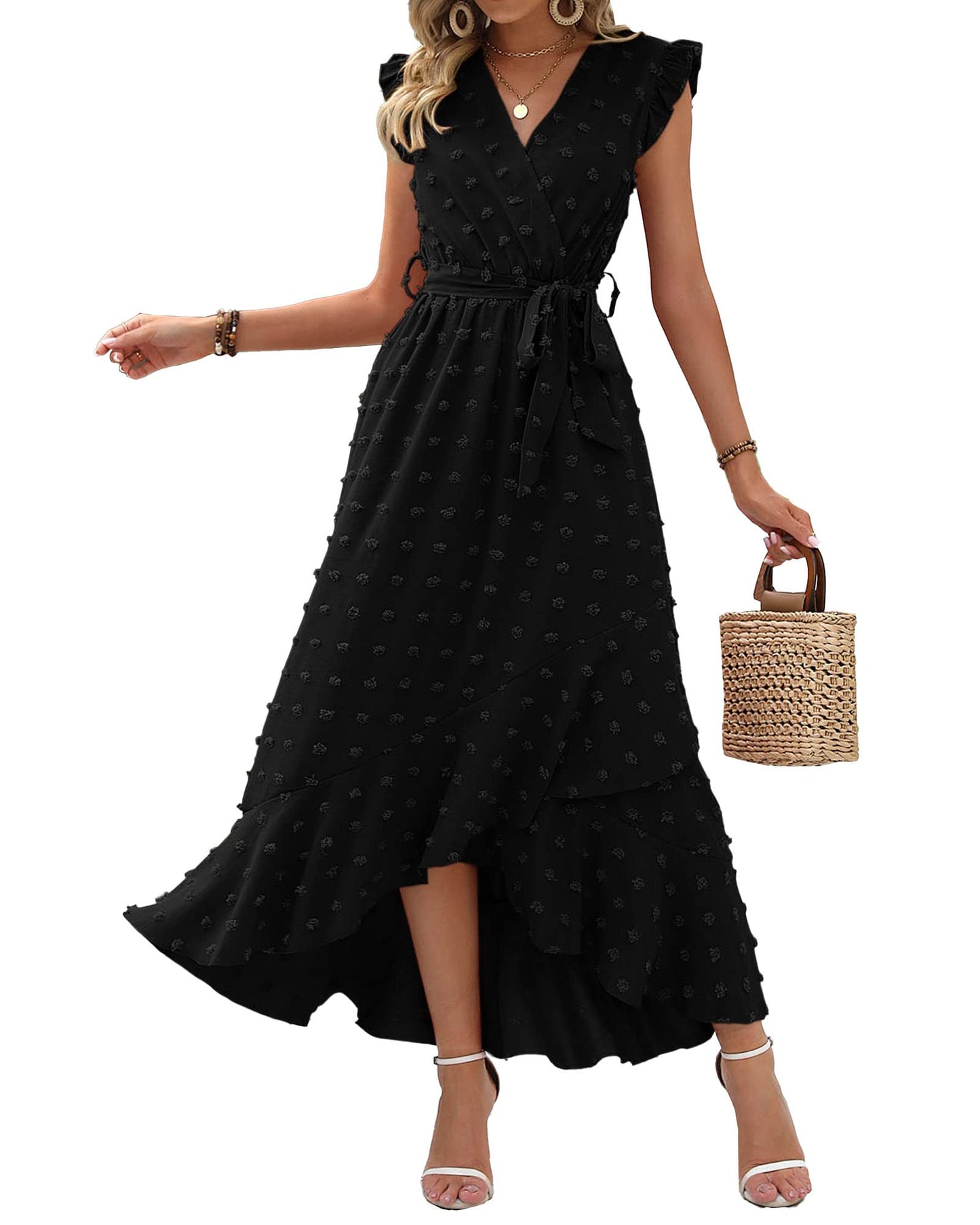 ✨Women's V Neck Cap Sleeve Swiss Dot Boho Flowy Ruffle Slit Long Maxi Dresses