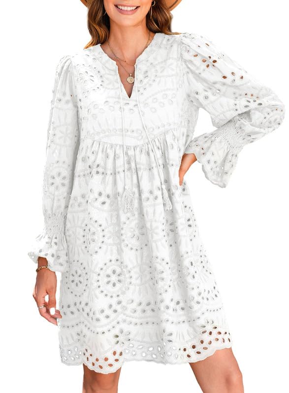 Womens V Neck Long Sleeve Hollow Out Lace Ruffle Dresses
