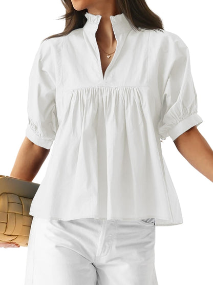 ✨ Women's Puff Sleeve V Neck Casual Pleated Tops