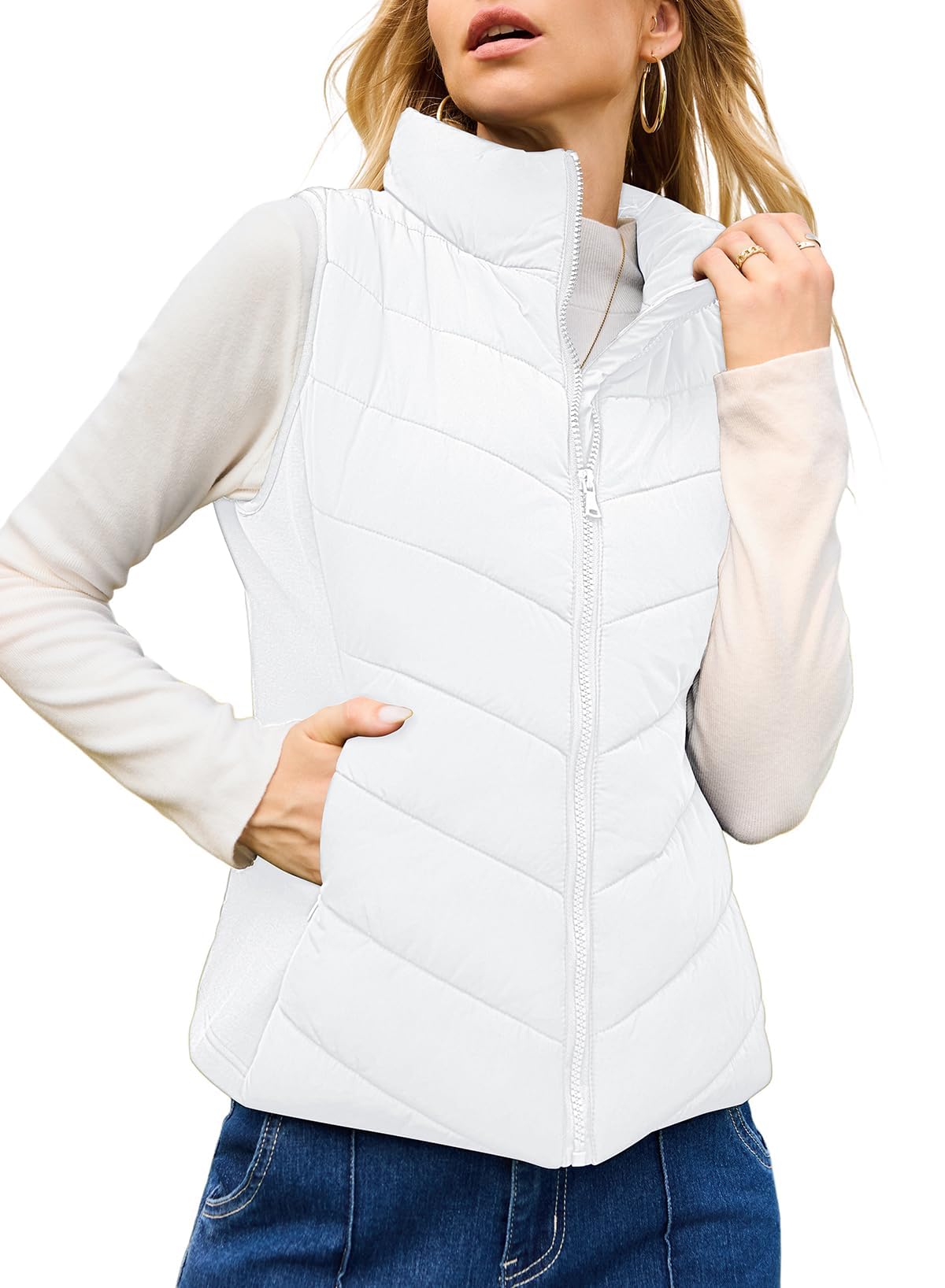 ⏰Hot Sale-Womens Sleeveless Zip Up Outerwear Stand Collar Quilted Puffer Vest