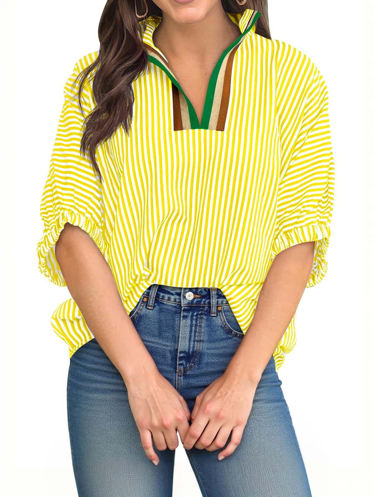 Womens V Neck Striped Blouse Oversized Dolman Sleeve Tops