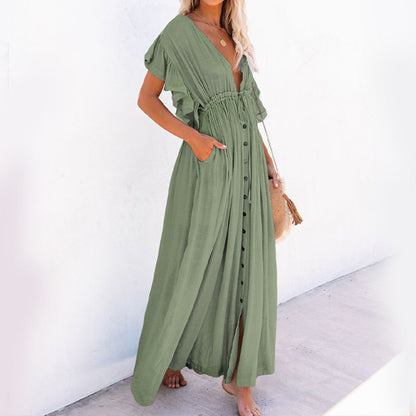 Women's Button Down V Neck Ruffle Flowy Dress