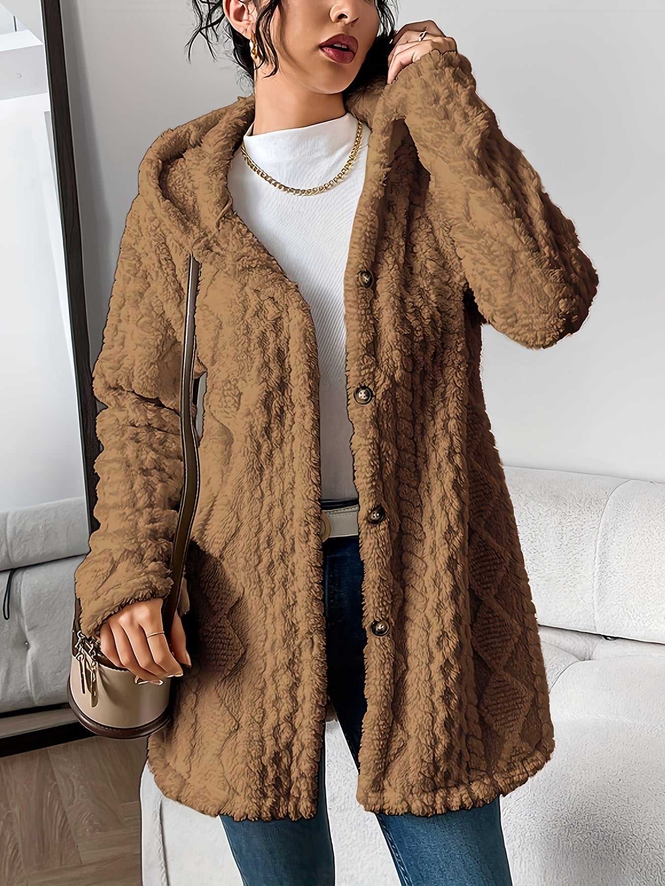⏰Hot Sale-Womens Fuzzy Fleece Button Down Jacket Hooded Open Front Cardigan Sweater