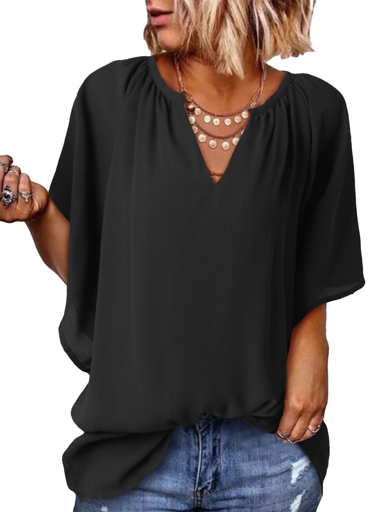 ✨ New Women's V Neck 3/4 Batwing Sleeve Blouse Pleated Flowy Tunic Tops