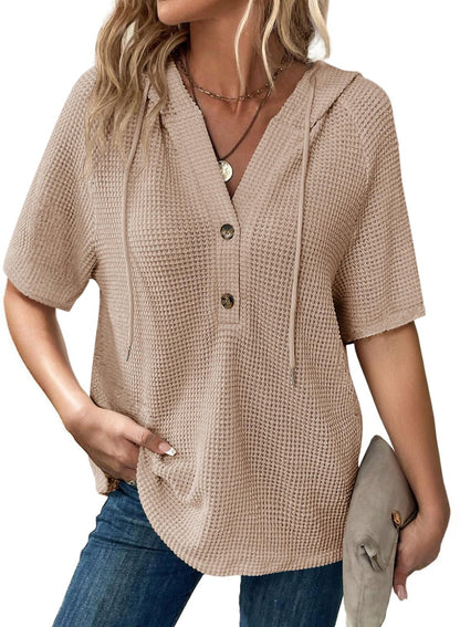 ✨Women's Waffle Knit Button V Neck Short Sleeve Lightweight Drawstring Hoodies(BUY 2 10% off)