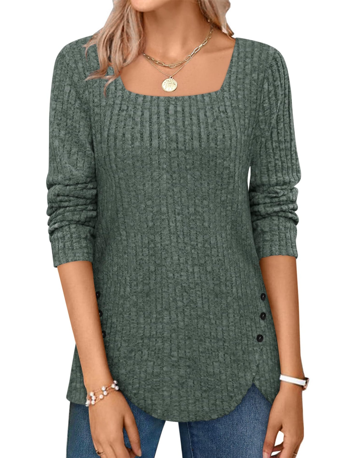 ✨Squared Neck Sweater Ribbed Knit Tunic Tee Shirts