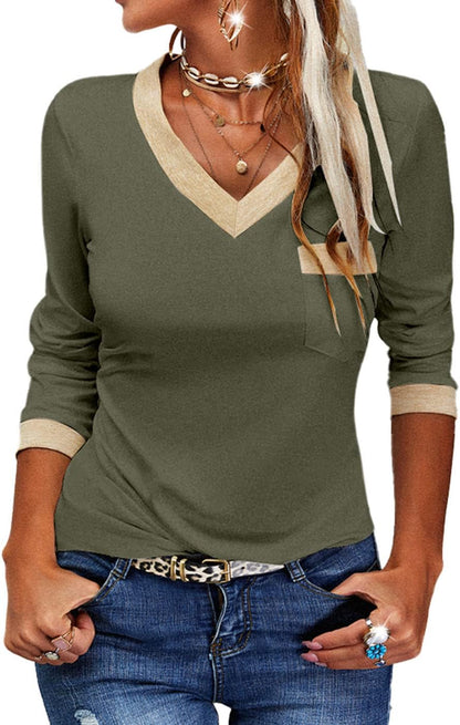 ✨Womens Long Sleeve T Shirts Casual V Neck Color Block Tunic Tops