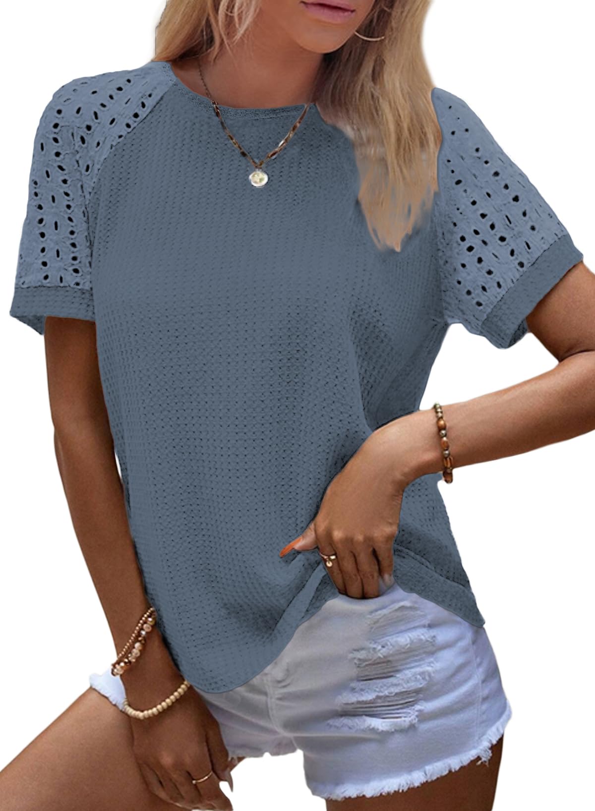 ✨Women's Casual Crew Neck Hollow Out Raglan Short Sleeve Waffle Knit Tops