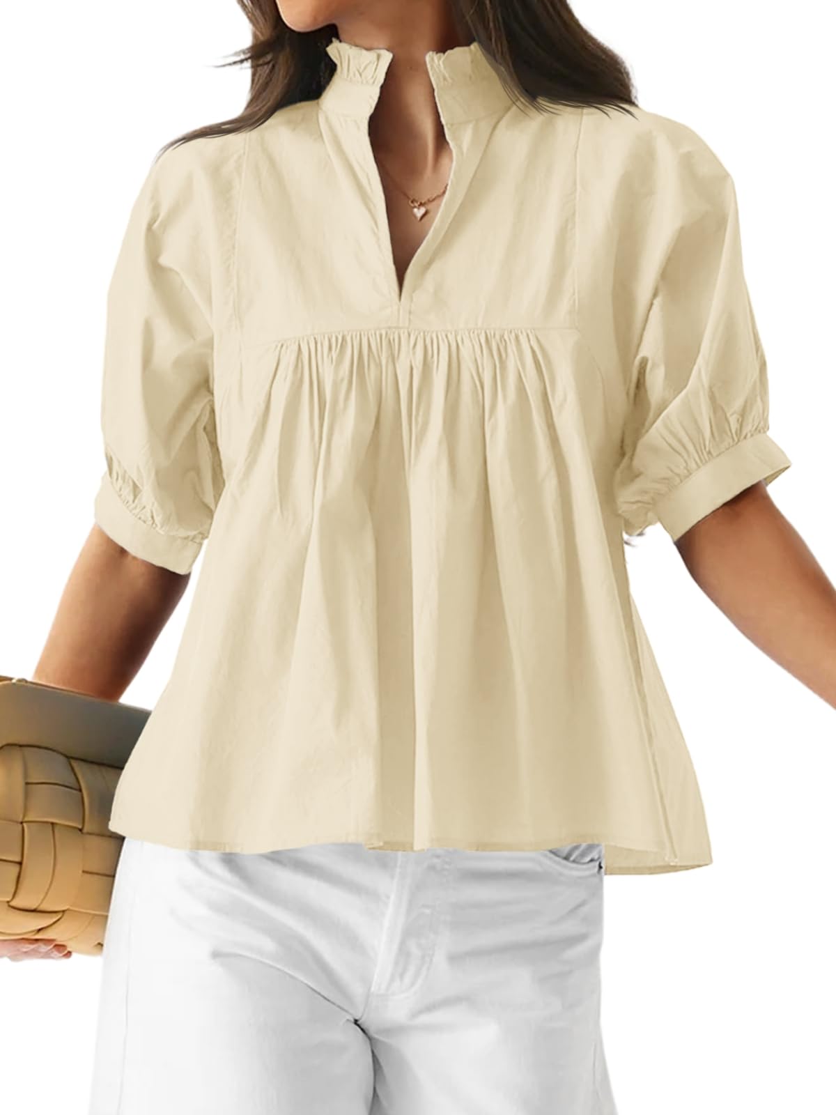 ✨ Women's Puff Sleeve V Neck Casual Pleated Tops