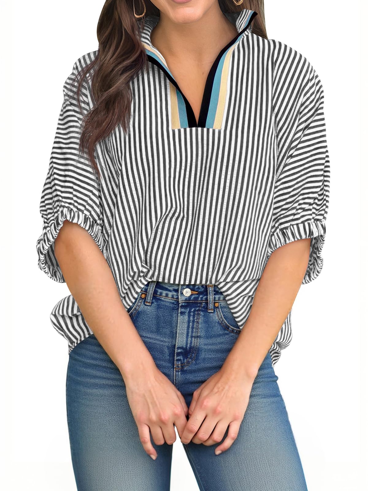Womens V Neck Striped Blouse Oversized Dolman Sleeve Tops