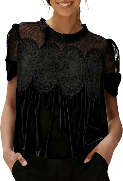 Women's Velvet Lace Blouse Casual Round Neck Short Sleeve Flared Swing Top