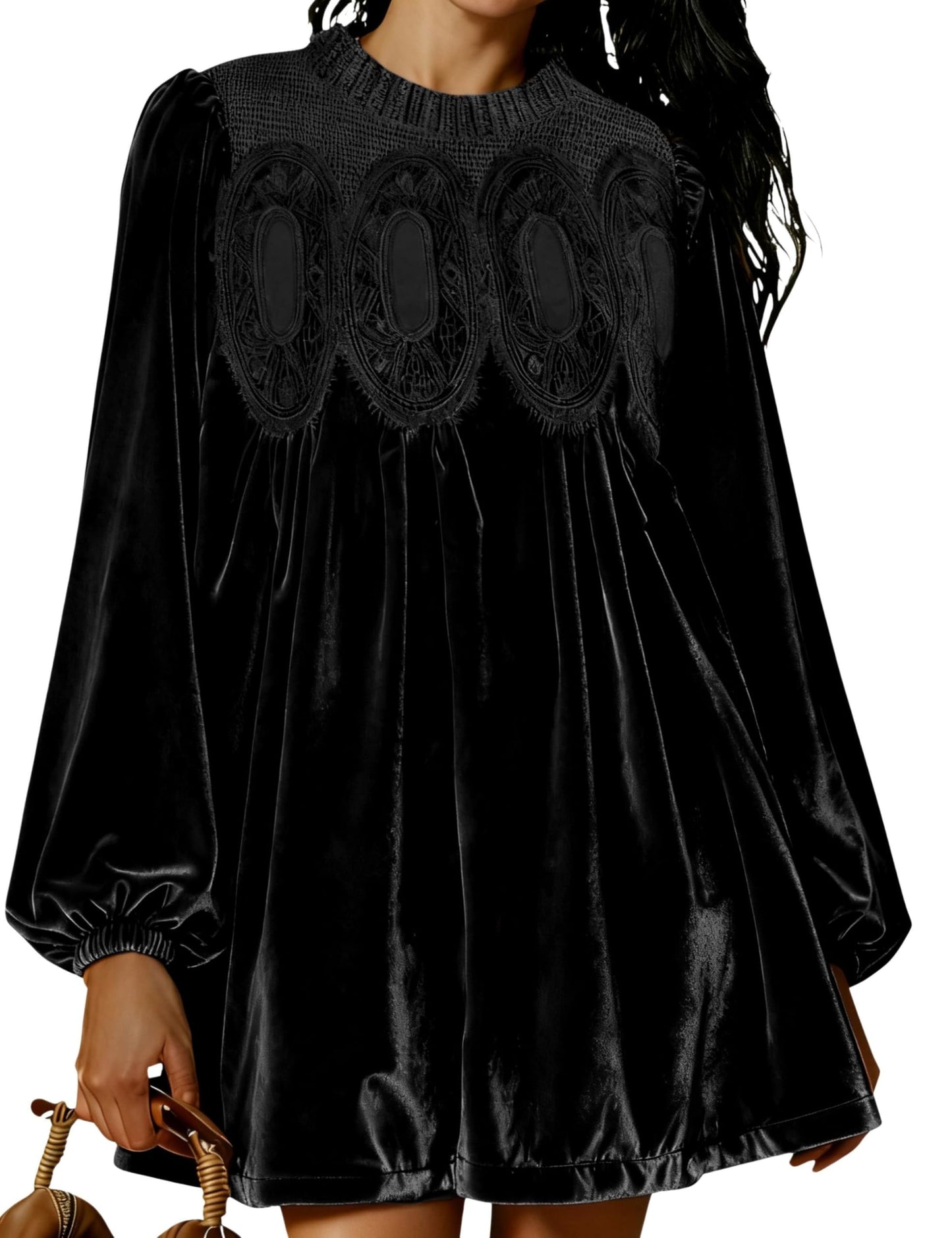 ⏰Hot Sale-Womens A-Line Velvet Lace Overall Pleated Babydoll Mini Dress